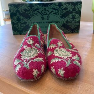 RARE Stubbs and Wootton Red Needlepoint Loafers with Green Trim